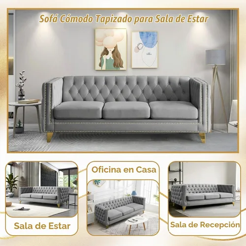 Vista 6 de Sofá de terciopelo de 3 plazas, cómodos sofás para sala de estar, sofá moderno con respaldo copetudo y decoración de remaches, sofá largo tapizado