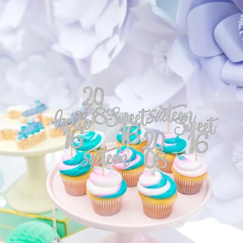Vista 7 de 24 piezas de decoraciones para cupcakes de 16 cumpleaños con purpurina, ¡Hola 16! Dulces 16 desde 2008, púas para cupcakes de 16 años para celebrar