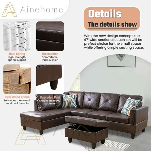 Vista 3 de A Ainehome Sofá seccional de muebles, moderno sofá de cuero en forma de L para sala de estar, apartamento y espacio pequeño