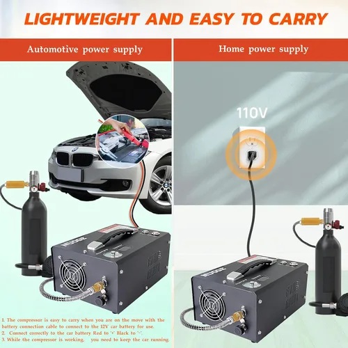 Vista 3 de Pcp Compresor de aire, 4500Psi 30Mpa Auto-Stop Powered by Car 12V DC o Home 110V AC W/Convertidor Paintball/Buceo Tanque Compresor Bomba