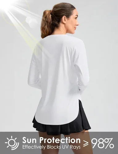 Vista 4 de Camisetas de sol para mujer, con protección ultravioleta FPU 50+, manga larga, ligera, de secado rápido, para entrenamiento, senderismo, para mujer