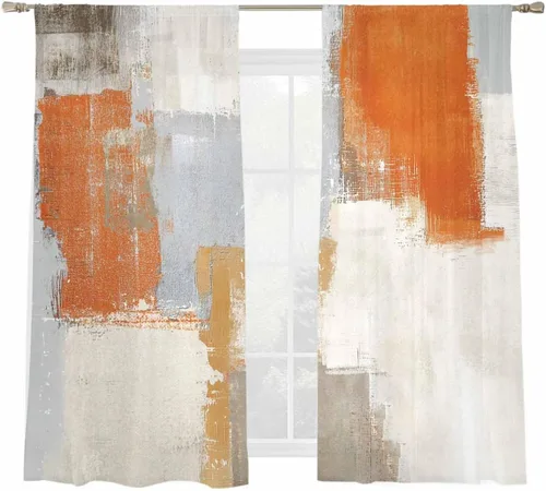 Vista 2 de Cortinas traslúcidas naranjas de 63 pulgadas de largo, juego de 2 paneles de cortinas de cocina naranja y gris, cortinas semitransparentes