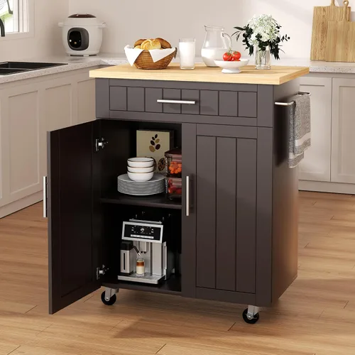 Vista 22 de Shintenchi - Carrito de isla de cocina con almacenamiento, mesa rodante Negro-22 pulgadas