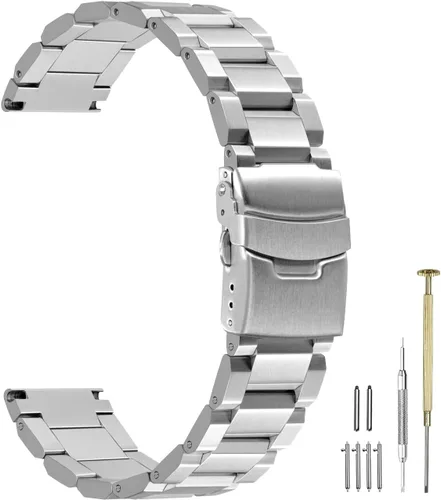 Vista 12 de Extensible de acero inoxidable para reloj, con acabado mate cepillado, de 18mm/20mm/22mm/24mm, doble hebilla, color negro o plateado