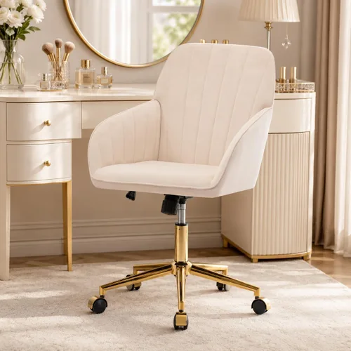 Vista 10 de Silla de tocador de maquillaje de terciopelo beige con ruedas