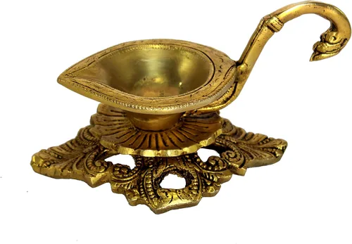 Vista 5 de Esplanade Aarti Diya de latón con mango de madera – Deepak tradicional para Pooja, templo, lámpara de aceite Diwali, Navratri Diya, Dhoop Dani