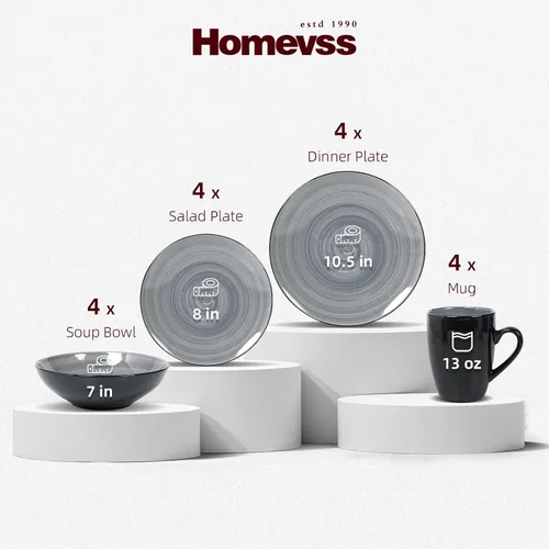 Vista 2 de HomeVss - Juego de vajilla de gres Sonoma de 16 piezas, negro + gris moteado con lavado giratorio