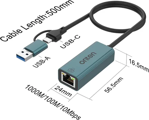 Vista 6 de Onten Adaptador USB-A y USB-C a Ethernet, RJ45 a USB C o USB A, adaptador de red LAN Gigabit Ethernet para Windows, Mac OS, iOS y más