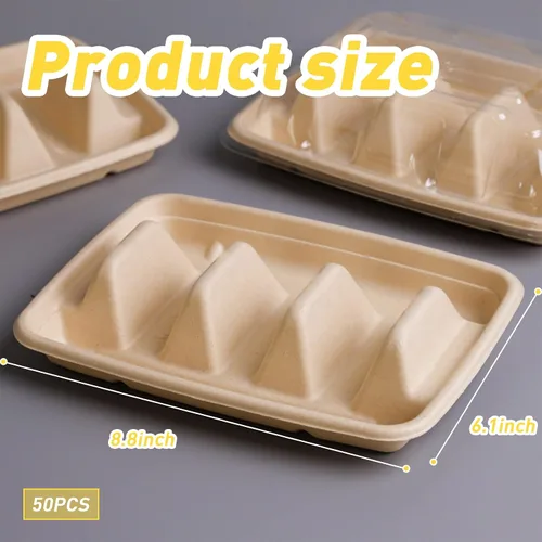 Vista 2 de 50 soportes desechables para tacos para fiestas, 3 compartimentos, soporte de bandeja de tacos de papel, platos desechables para tacos