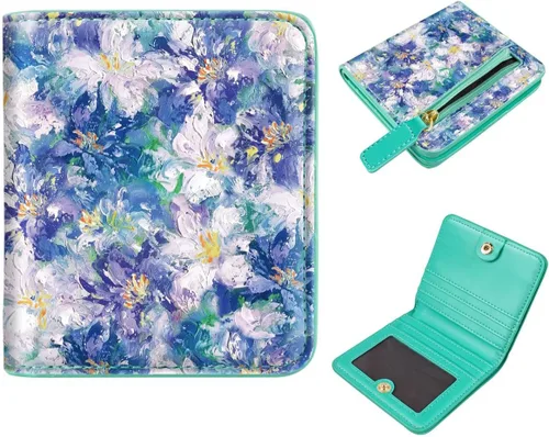 Vista 8 de Cartera pequeña con bloqueo RFID para mujer, con bolsillo plegable y compacto, lindo soporte para tarjetas de crédito, ranura para monedas, monedero