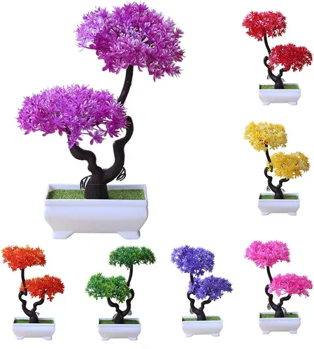 Vista 2 de Flores artificiales para exteriores, árbol artificial bonsái, adorno falso en maceta para el escritorio del hogar, jardín, escenario, oficina, boda