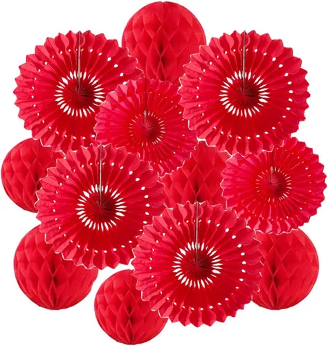 Vista 6 de 12 piezas de bolas de panal de 6 pulgadas y 8 pulgadas, abanicos de papel de seda, abanicos de bolas de panal para fiestas, decoraciones de pared