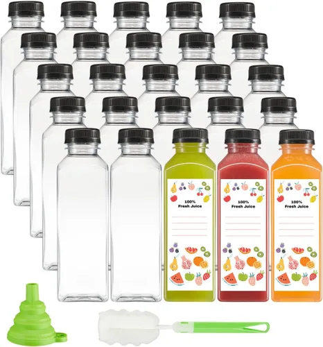 Vista 10 de GUSTO 25 botellas de jugo de plástico reutilizables con tapas, etiquetas, cepillo y embudo de silicona, botellas de plástico transparente con tapas