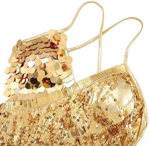 Vista 2 de REETAN Falda de vientre de moda con guantes de lentejuelas y borlas, vestido de baile, falda de baile rave, disfraz de rendimiento para mujeres