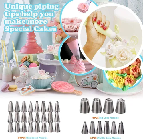Vista 5 de Kit de 207 piezas de suministros de decoración de pasteles para principiantes, tocadiscos de tartas, más de 100 bolsas de tuberías, puntas