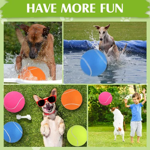 Vista 6 de Leyndo 4 pelotas inflables gigantes de tenis/fútbol para perros con aguja de bombeo de 9.5 pulgadas, pelota de goma gigante para exteriores e