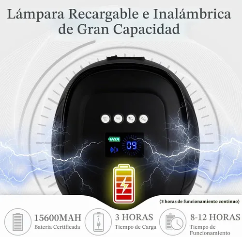 Vista 6 de Lámpara de uñas LED UV recargable de 126 W, secador de uñas inalámbrico portátil con sensor automático y 4 ajustes de temporizador, lámpara de Negro
