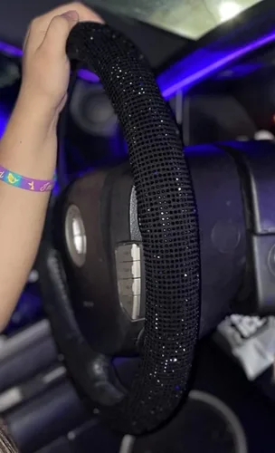 Vista 6 de Funda para volante de coche con brillantes Carwales para mujeres y niñas, accesorios de coche negros con cristal de diamante de 15 pulgadas