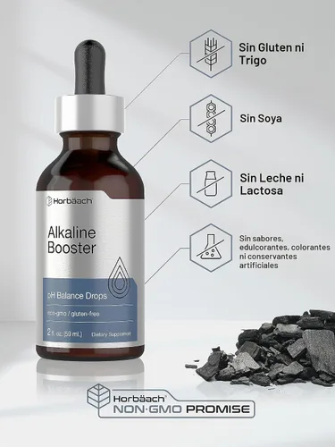 Vista 5 de Gotas de agua alcalinas Horbaach 2 onzas líquidas Suplemento de equilibrio de pH Potenciador con minerales Sin OMG y sin gluten