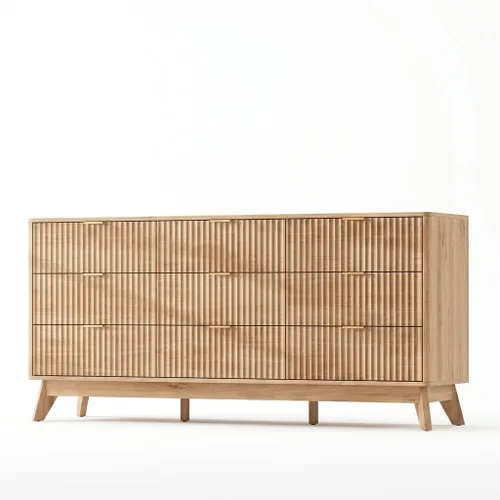 Vista 8 de Cómoda acanalada con 9 cajones de 63 pulgadas de ancho para dormitorio, borde curvado, roble Wooden Closet Organizer for Bedroom,Fluted Dresser with