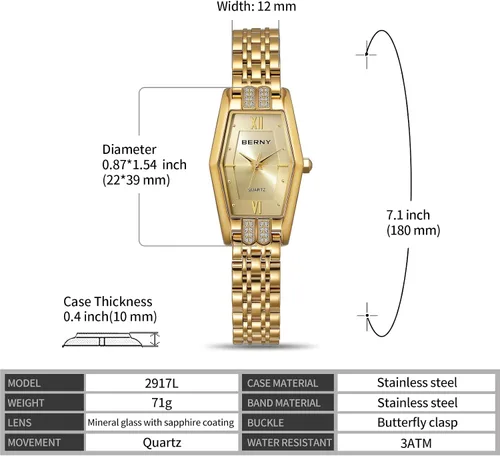 Vista 6 de BERNY Relojes de oro para mujer, delicado hexágono, reloj de pulsera de cuarzo para mujer, correa de acero inoxidable, reloj analógico de moda Dorado
