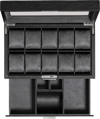 Vista 2 de Juego de regalo Caja de reloj de cuero con 10 ranuras con cajón de valet y funda de viaje a juego para 5 relojes, organizador de exhibición