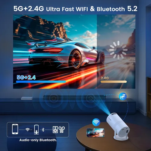 Vista 5 de Mini proyector con WiFi y Bluetooth, aplicaciones integradas, proyector portátil giratorio de 210°, proyector de película de soporte de 1080P