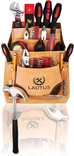 Vista 2 de LAUTUS Bolsa de cuero para herramientas Carpintero, construcción, enmarcadores, manitas 2 soportes para martillos, 10 bolsillos