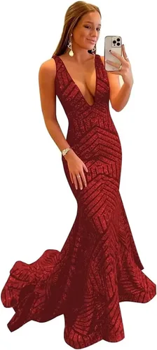 Vista 6 de Toreque Women's Long Sequin Mermaid Prom Dresses Deep V Neck Sleeveless Formal Evening Party Gowns with Train