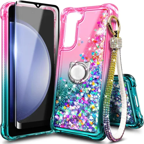 Vista 20 de Funda compatible con Samsung Galaxy S24-FE Aqua/Purple Funda líquida flotante con purpurina linda con protector de pantalla de vidrio templado