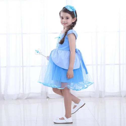 Vista 2 de Joy Join Disfraz de princesa, vestido azul para niñas pequeñas, vestido con guantes, corona, varita, collar