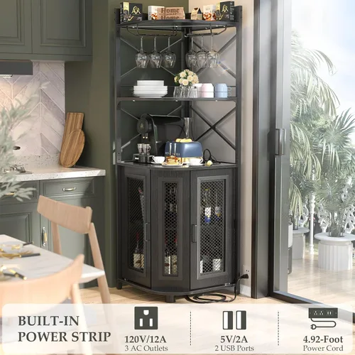 Vista 5 de Aheaplus Gabinete Bar de Esquina con Toma de Corriente, Gabinete de Vino Industrial con Tira LED y Portavasos, Gabinetes de Licores de 5 Niveles