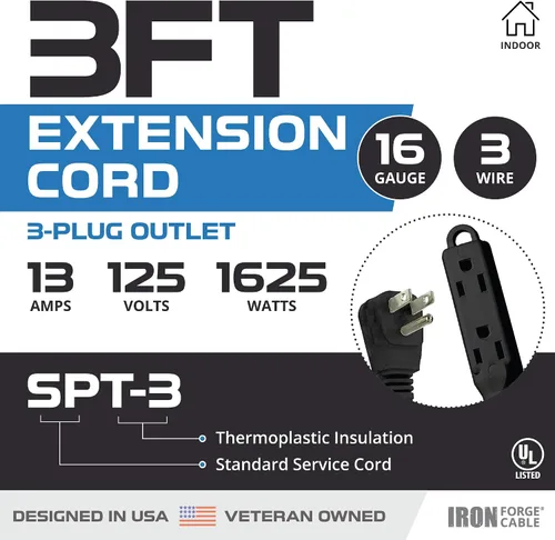 Vista 2 de IRON FORGE CABLE Cable de extensión de enchufe plano con 3 tomas, 0.91 m (3 pies) en color negro - Cable de extensión para interior con 3 tomas