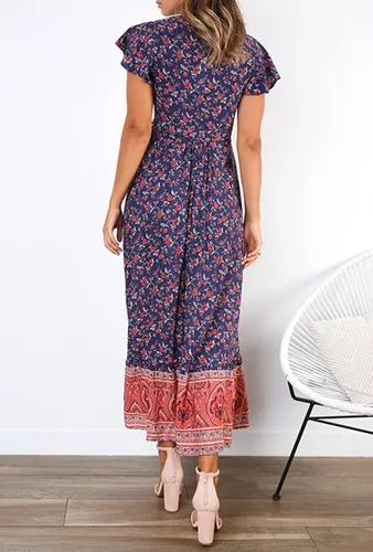 Vista 6 de Vestido R.Vivimos, largo y holgado, con abertura, moño en la cintura, de verano, manga corta, con estampado floral, de playa, bohemio, para mujer