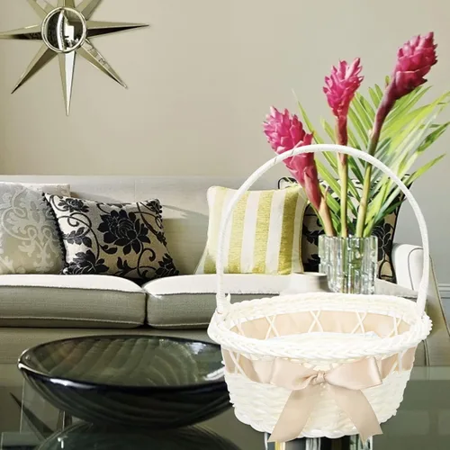 Vista 4 de Cesta de mimbre con asa, cesta de flores de ratán, huevos de Pascua, cesta de dulces para decoración