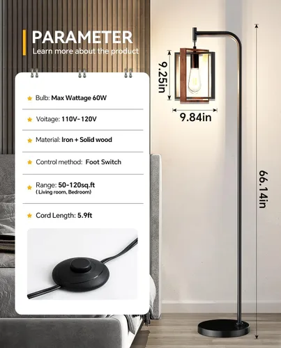 Vista 7 de Lámpara de pie industrial de 67 pulgadas con pantalla de madera y metal negro, lámpara de pie moderna, lámpara alta rústica para sala de estar