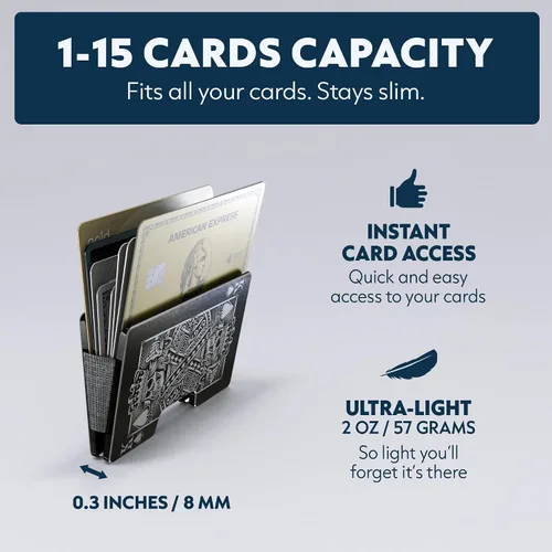 Vista 3 de Cartera de aluminio grabada para hombre, clip delgado para dinero y tarjetero con acabado grabado. Bloqueo RFID mejorado, carteras compactas, únicas