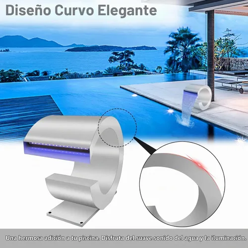 Vista 5 de LONGRUN Fuente de piscina de acero inoxidable en forma de J, con control de RF y aplicación, kit de cascadas para estanques al aire libre