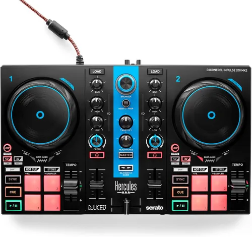 Vista 7 de Kit de aprendizaje DJ Hercules MK II que incluye el controlador DJ Inpulse 200 MK II, auriculares HD45 y altavoces DJ Monitor 32