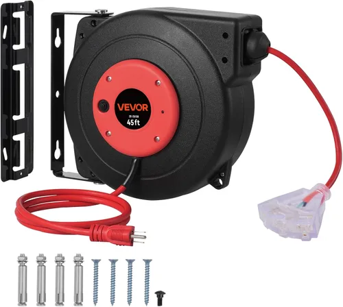 Vista 14 de VEVOR Carrete de cable de extensión retráctil, 30 pies, carrete de cable de alimentación retráctil resistente 16AWG/3C SJTOW con toma triple Rojo