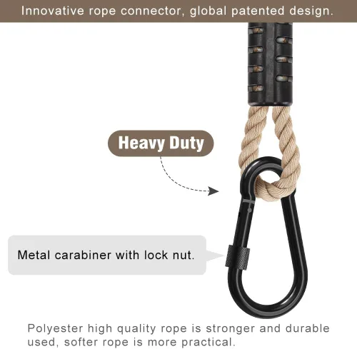 Vista 4 de SELEWARE Correas de hamaca de 2 pies, cuerda de columpio de árbol con mosquetón Kit de extensión beige, fácil instalación, soporta columpios
