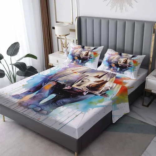 Vista 11 de Juego de sábanas para cama individual – Juego de sábanas divertidas de rinoceronte, sábanas y fundas de almohada, microfibra suave y bolsillo