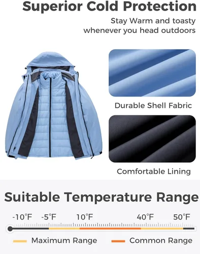 Vista 3 de Wantdo Abrigos de invierno 3 en 1 para mujer, chaqueta de esquí impermeable con capucha, chaqueta de snowboard