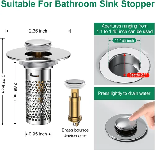 Vista 2 de Colador de drenaje para lavabo de baño, tapón emergente para lavabo atrapa cabellos, cesta de filtro de drenaje de acero inoxidable Ysilver-2