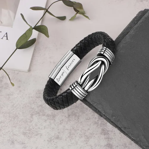 Vista 4 de Regalo para hombres, pulsera de cuero trenzado negro con infinito para hombres, papá, marido, novio, hijo, nieto, hermano, sobrino, tío