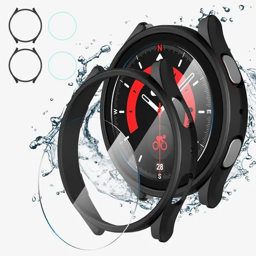 Vista 15 de Suoman Paquete de 2+2 fundas para Samsung Galaxy Watch 4 de 1.575 pulgadas, protector de pantalla de vidrio templado 9H + [arañazos] cobertura