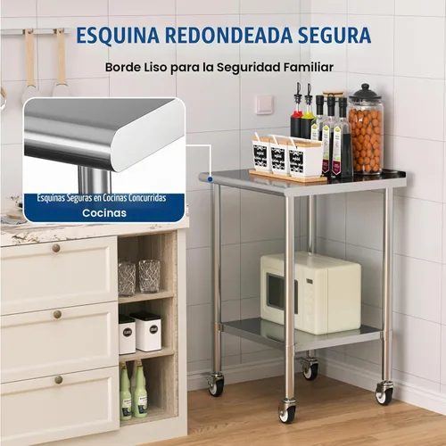 Vista 5 de Mesa de trabajo de acero inoxidable con ruedas, 24x24 pulgadas, mesa de preparación de alimentos NSF con salpicadero y estante inferior ajustable