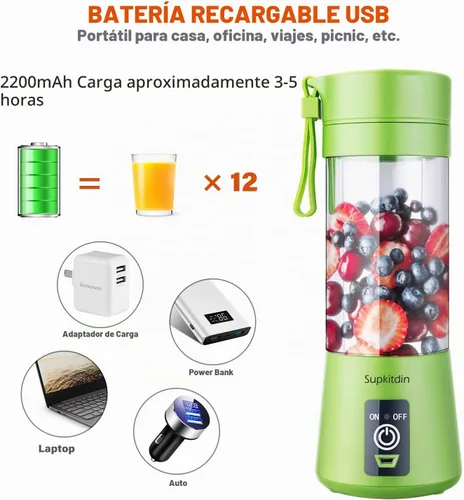 Vista 3 de Licuadora portátil, mezcladora personal de frutas recargable con USB, mini licuadora para batidos, jugo de frutas, batidos de leche, 12.8 fl oz