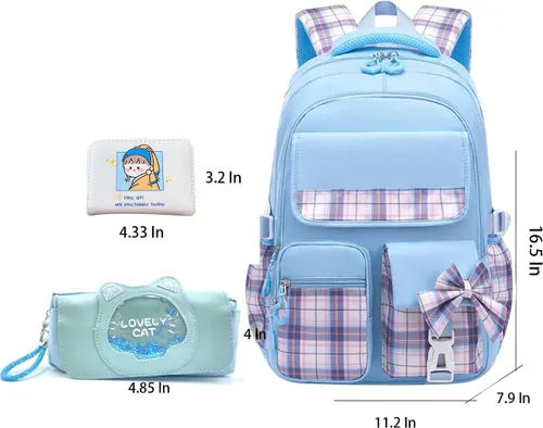 Vista 7 de Mochila azul de 5 piezas para niñas escolares – Mochila Kawaii para escuela primaria para niños, lindas mochilas a cuadros para niñas, estudiantes