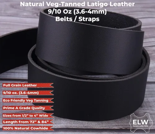Vista 2 de ELW Negro Latigo Leather 9-10oz (0.142-0.157 in) correas, cinturones, tiras 1-1/2" (3.8cm) de ancho x 72" (1.83m) de largo cuero de grano completo